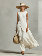 Women’s Ivory Linen Sleeveless Asymmetric Hem Maxi Dress – Elegant Minimalist Resort Casual Summer Dress
