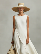 Women’s Ivory Linen Sleeveless Asymmetric Hem Maxi Dress – Elegant Minimalist Resort Casual Summer Dress