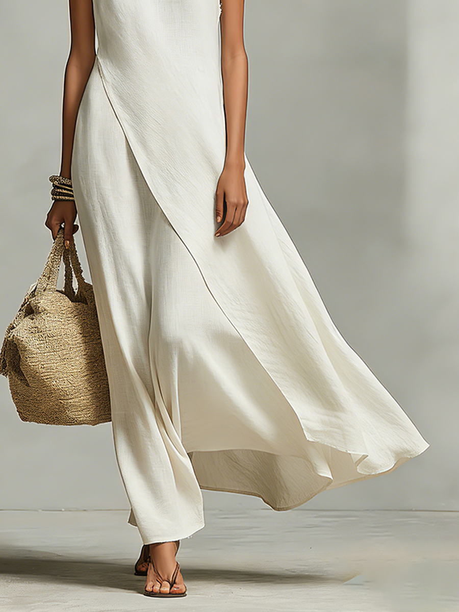 Women’s Ivory Linen Sleeveless Asymmetric Hem Maxi Dress – Elegant Minimalist Resort Casual Summer Dress