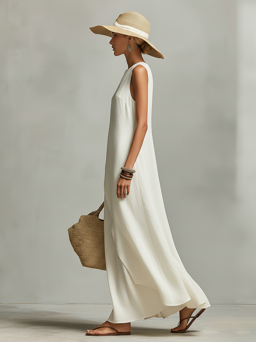 Women’s Ivory Linen Sleeveless Asymmetric Hem Maxi Dress – Elegant Minimalist Resort Casual Summer Dress