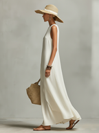 Women’s Ivory Linen Sleeveless Asymmetric Hem Maxi Dress – Elegant Minimalist Resort Casual Summer Dress