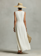 Women’s Ivory Linen Sleeveless Asymmetric Hem Maxi Dress – Elegant Minimalist Resort Casual Summer Dress