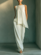 Women’s Ivory Chiffon Two-Piece Set – Asymmetrical Draped Sleeveless Top & Maxi Skirt Elegant Minimalist Outfit