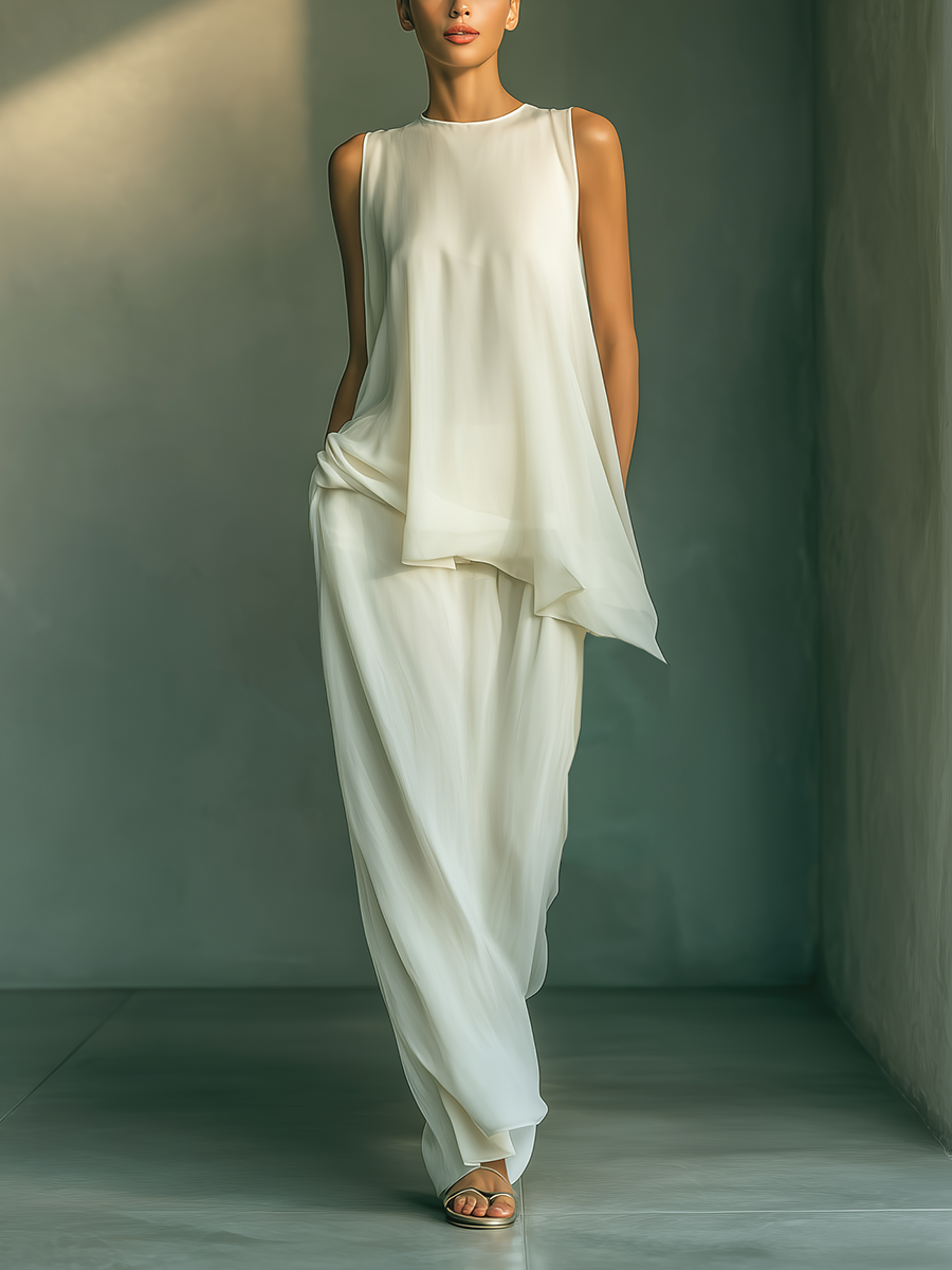 Women’s Ivory Chiffon Two-Piece Set – Asymmetrical Draped Sleeveless Top & Maxi Skirt Elegant Minimalist Outfit