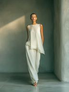 Women’s Ivory Chiffon Two-Piece Set – Asymmetrical Draped Sleeveless Top & Maxi Skirt Elegant Minimalist Outfit