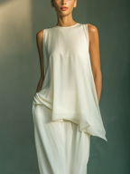 Women’s Ivory Chiffon Two-Piece Set – Asymmetrical Draped Sleeveless Top & Maxi Skirt Elegant Minimalist Outfit