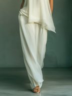 Women’s Ivory Chiffon Two-Piece Set – Asymmetrical Draped Sleeveless Top & Maxi Skirt Elegant Minimalist Outfit
