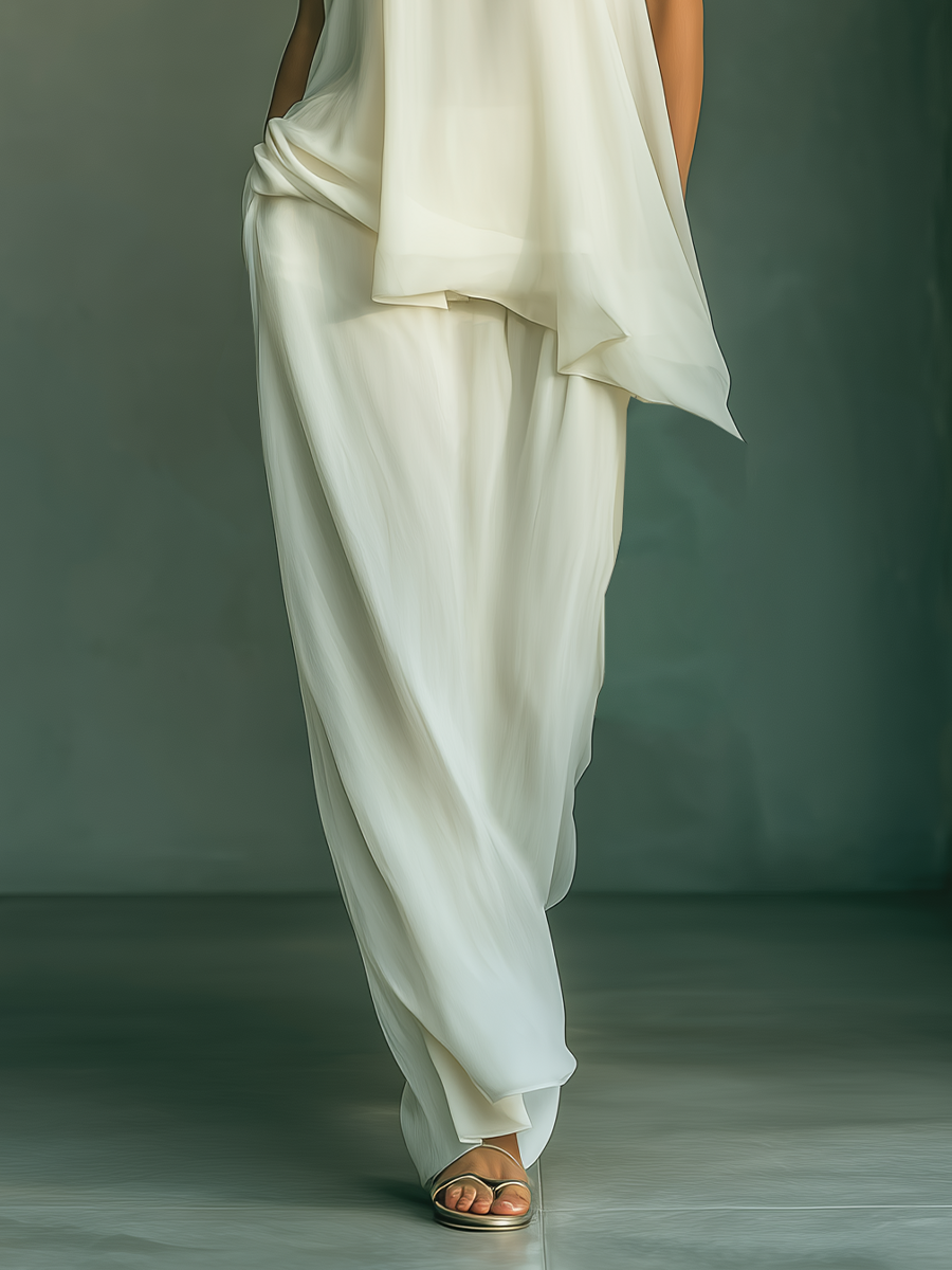 Women’s Ivory Chiffon Two-Piece Set – Asymmetrical Draped Sleeveless Top & Maxi Skirt Elegant Minimalist Outfit
