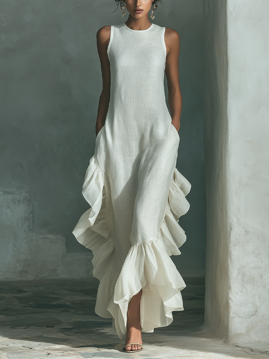 Women’s Ivory Linen Sleeveless Ruffle Hem Maxi Dress – Elegant Casual Summer Daywear Dress