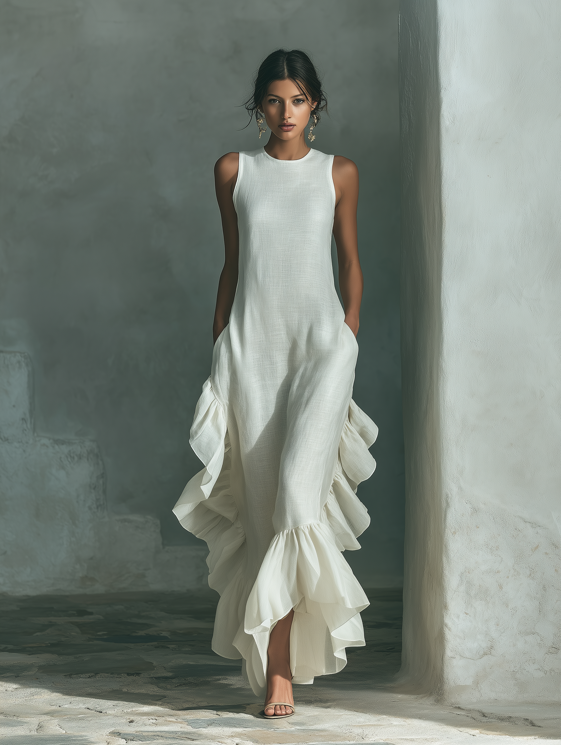 Women’s Ivory Linen Sleeveless Ruffle Hem Maxi Dress – Elegant Casual Summer Daywear Dress