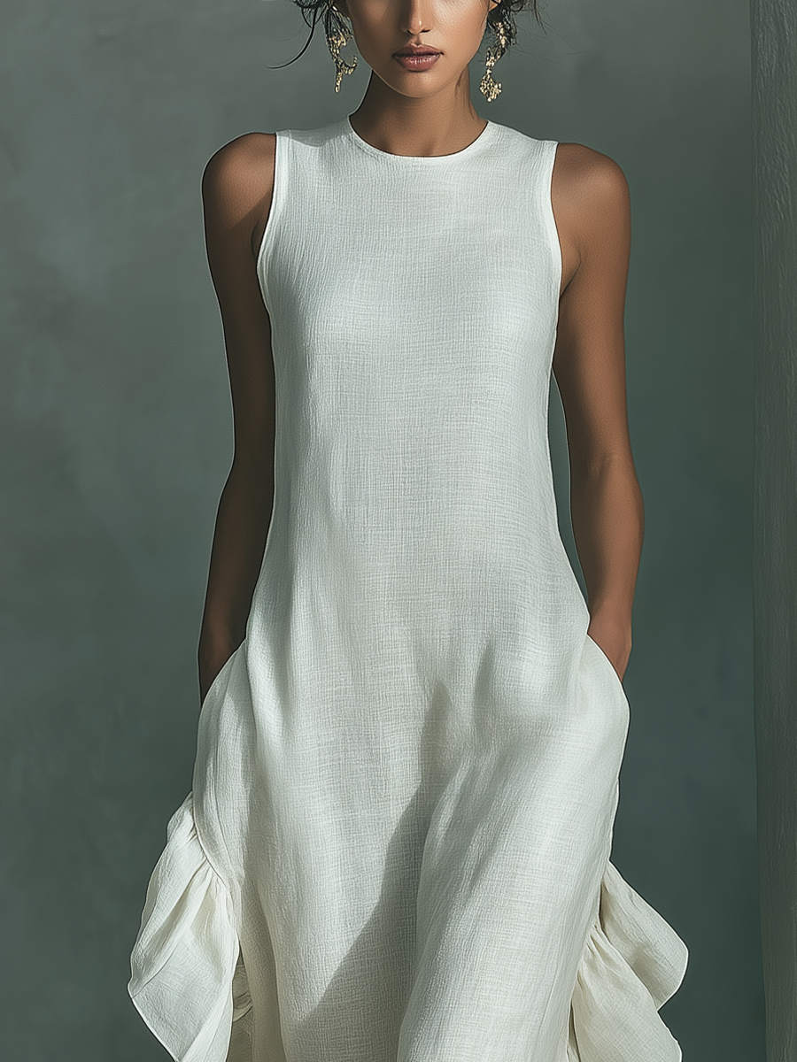 Women’s Ivory Linen Sleeveless Maxi Dress – Round Neck Ruffle Hem Summer Casual Elegant Dress