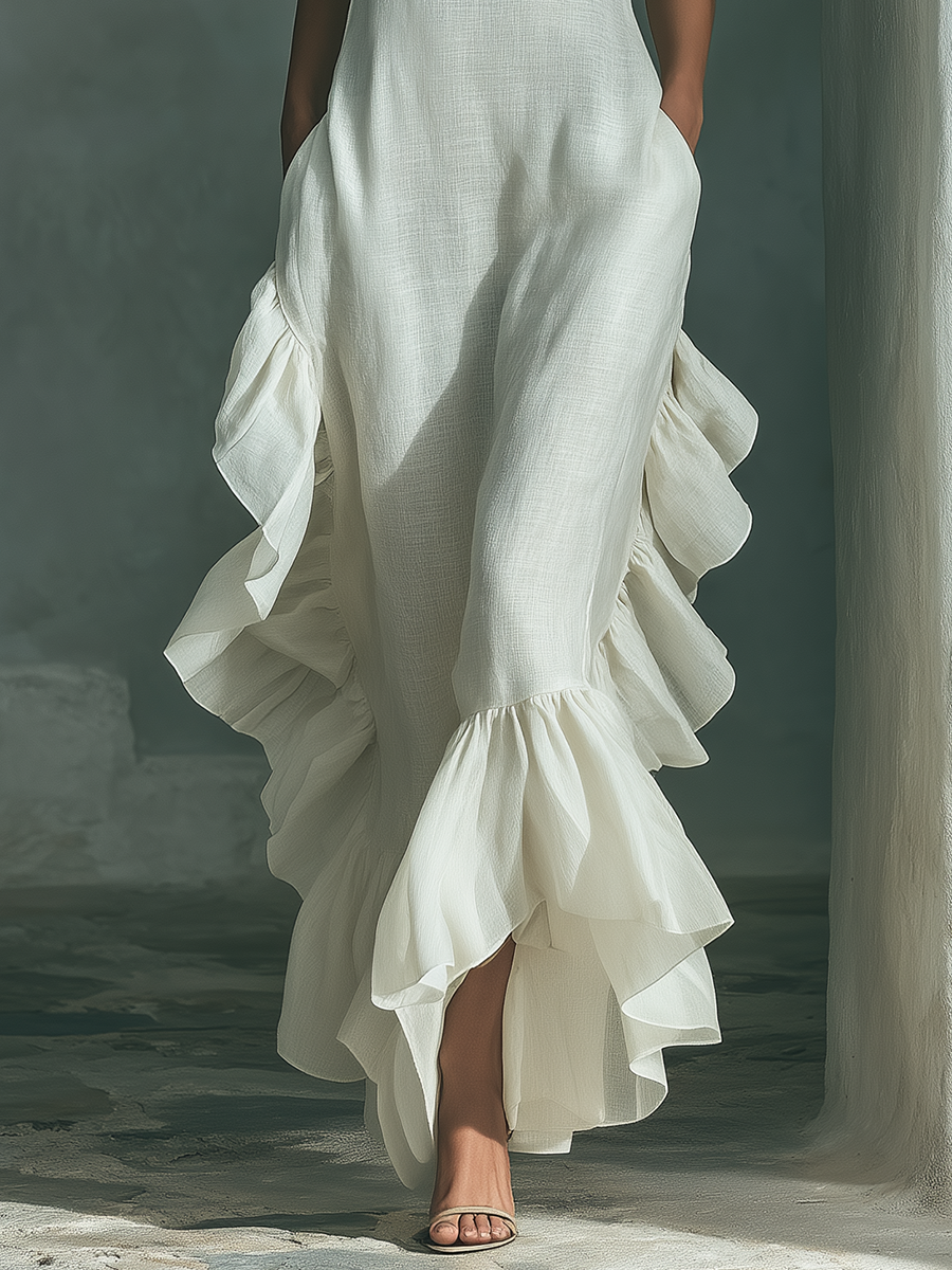 Women’s Ivory Linen Sleeveless Maxi Dress – Round Neck Ruffle Hem Summer Casual Elegant Dress