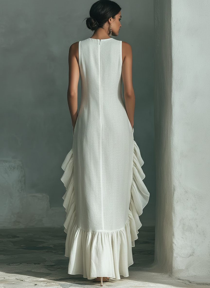 Women’s Ivory Linen Sleeveless Ruffle Hem Maxi Dress – Elegant Casual Summer Daywear Dress