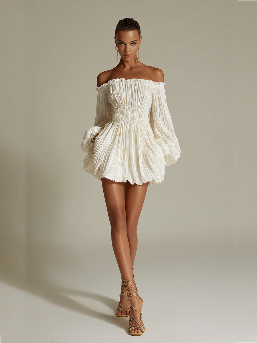 Ivory Off Shoulder Mini Dress, Pleated Ruched Waist – Stermo
