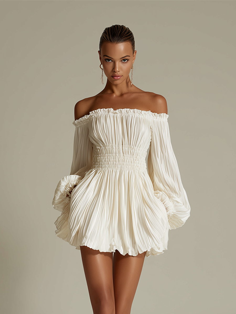Women’s Ivory Off-Shoulder Pleated Mini Dress – Ruched Waist Sexy Elegant Chiffon Party Dress with Safety Shorts