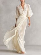 Women’s Ivory Sheer Chiffon Wrap Maxi Dress – Puff Sleeve Elegant Romantic Wedding & Evening Dress