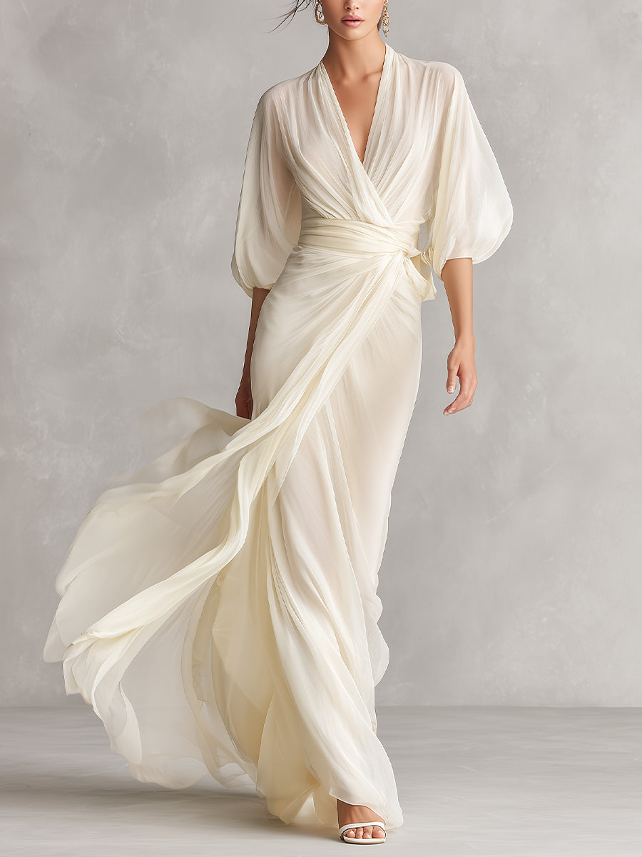 Women’s Ivory Sheer Chiffon Wrap Maxi Dress – Elegant Puff Sleeve Formal Evening Wedding Dress