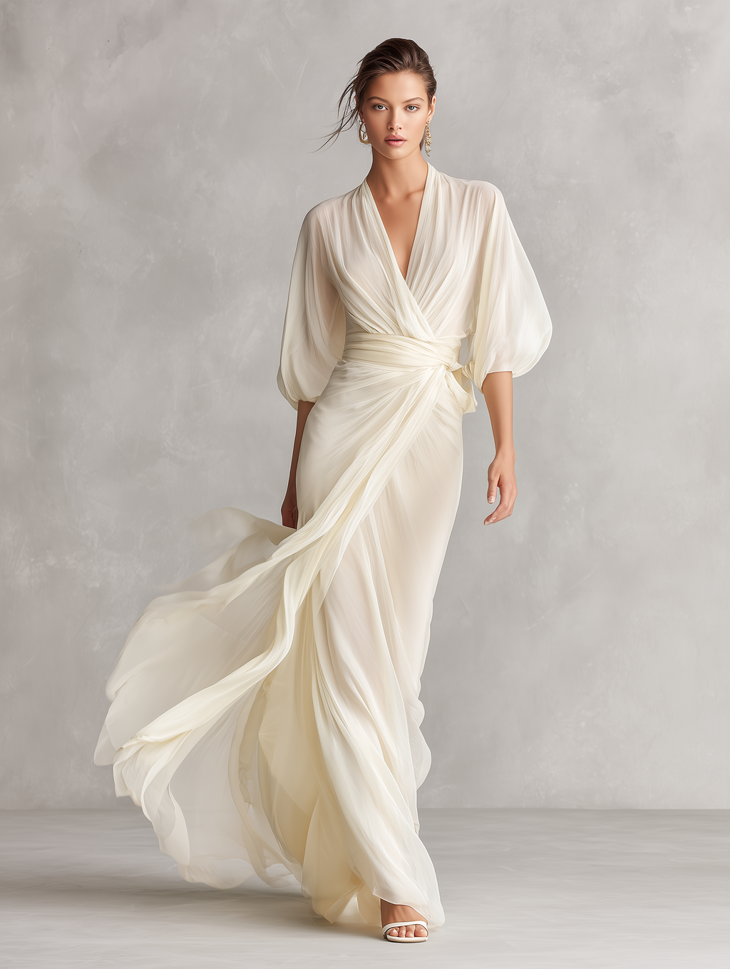 Women’s Ivory Sheer Chiffon Wrap Maxi Dress – Puff Sleeve Elegant Romantic Wedding & Evening Dress