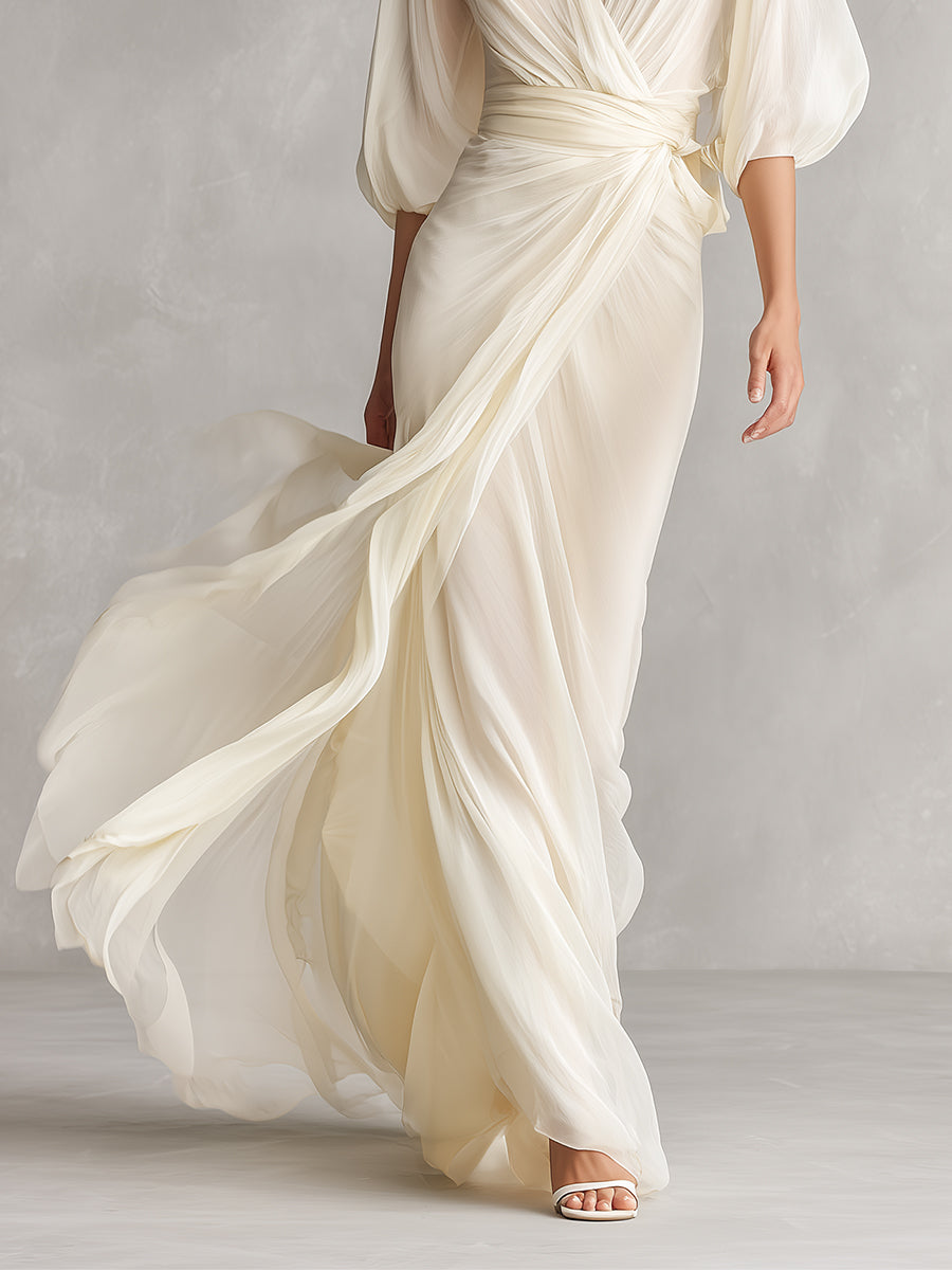 Women’s Ivory Sheer Chiffon Wrap Maxi Dress – Puff Sleeve Elegant Romantic Wedding & Evening Dress