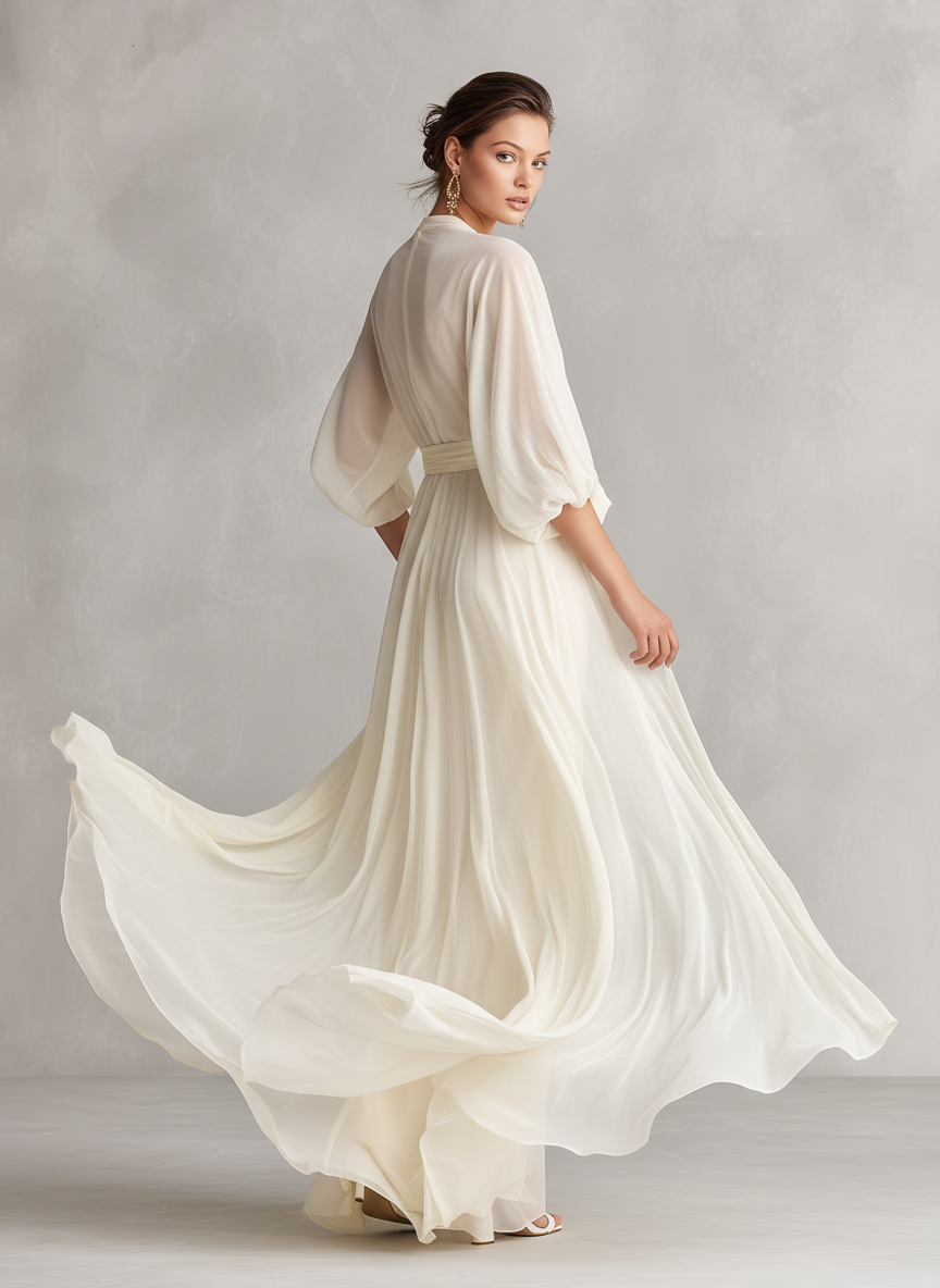 Women’s Ivory Sheer Chiffon Wrap Maxi Dress – Elegant Puff Sleeve Formal Evening Wedding Dress