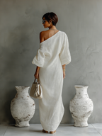 Women’s Ivory One-Shoulder Maxi Dress – Cotton Linen Blend Elegant Flowing Wedding & Occasion Dress