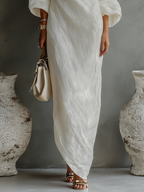 Women’s Ivory One-Shoulder Maxi Dress – Cotton Linen Blend Elegant Flowing Wedding & Occasion Dress