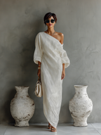 Women’s Ivory One-Shoulder Maxi Dress – Cotton Linen Blend Elegant Flowing Wedding & Occasion Dress