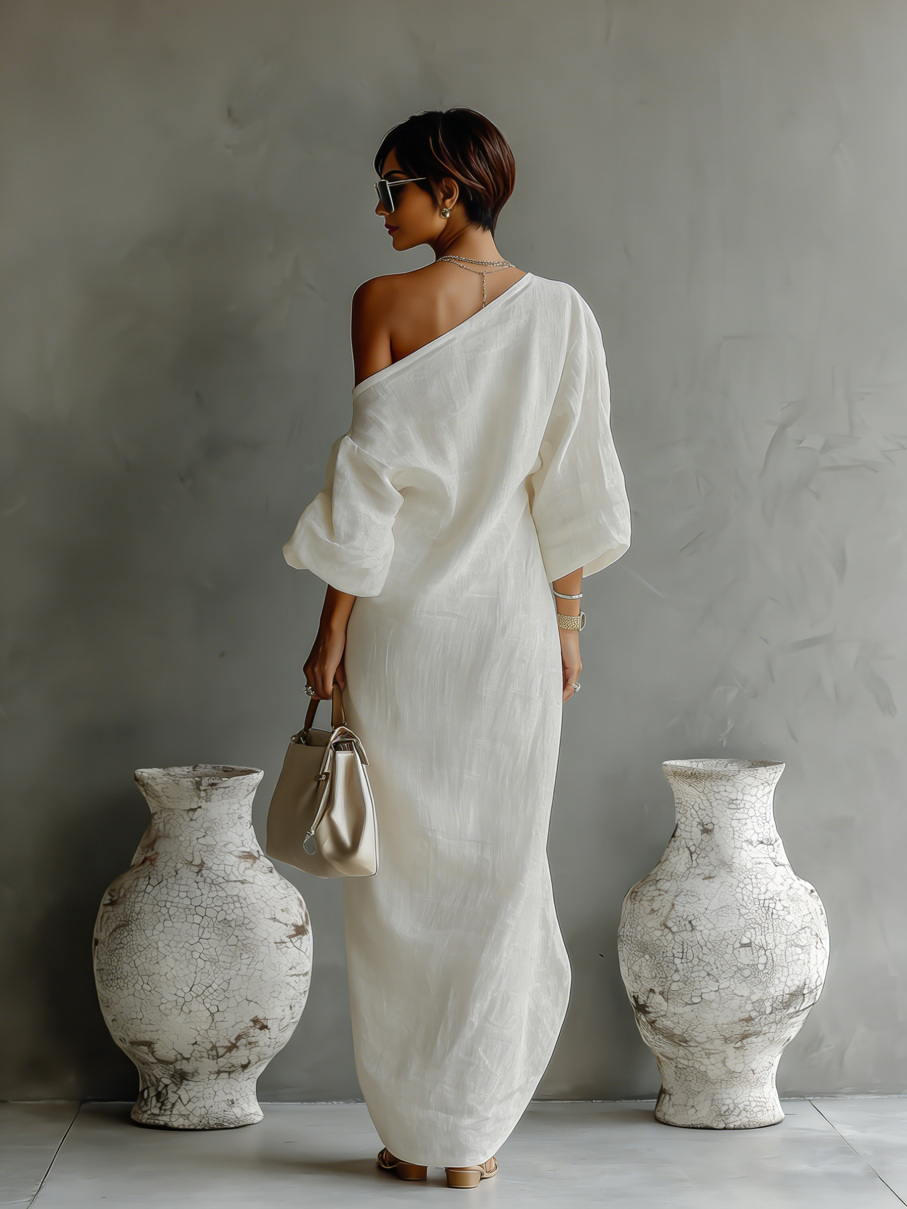 Aegean One-Shoulder Linen Maxi Dress Ivory Draped Puff Sleeve Column Dress