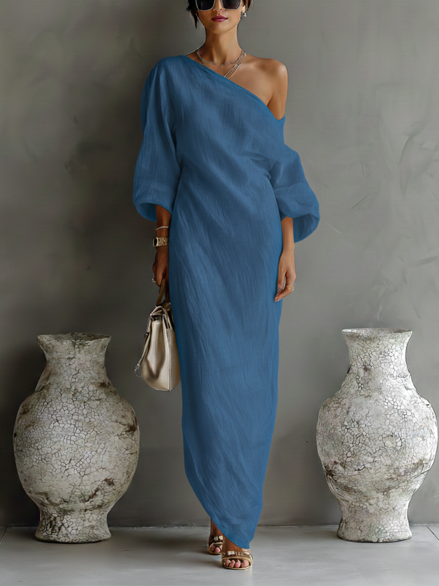 Aegean One-Shoulder Linen Maxi Dress Ivory Draped Puff Sleeve Column Dress