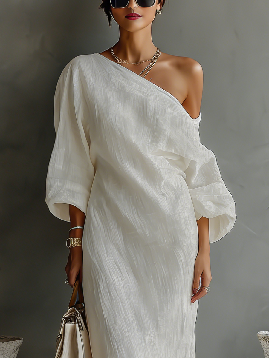 Aegean One-Shoulder Linen Maxi Dress Ivory Draped Puff Sleeve Column Dress