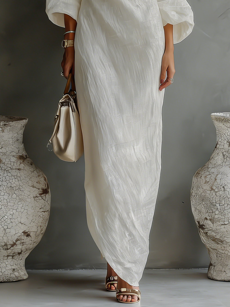 Aegean One-Shoulder Linen Maxi Dress Ivory Draped Puff Sleeve Column Dress