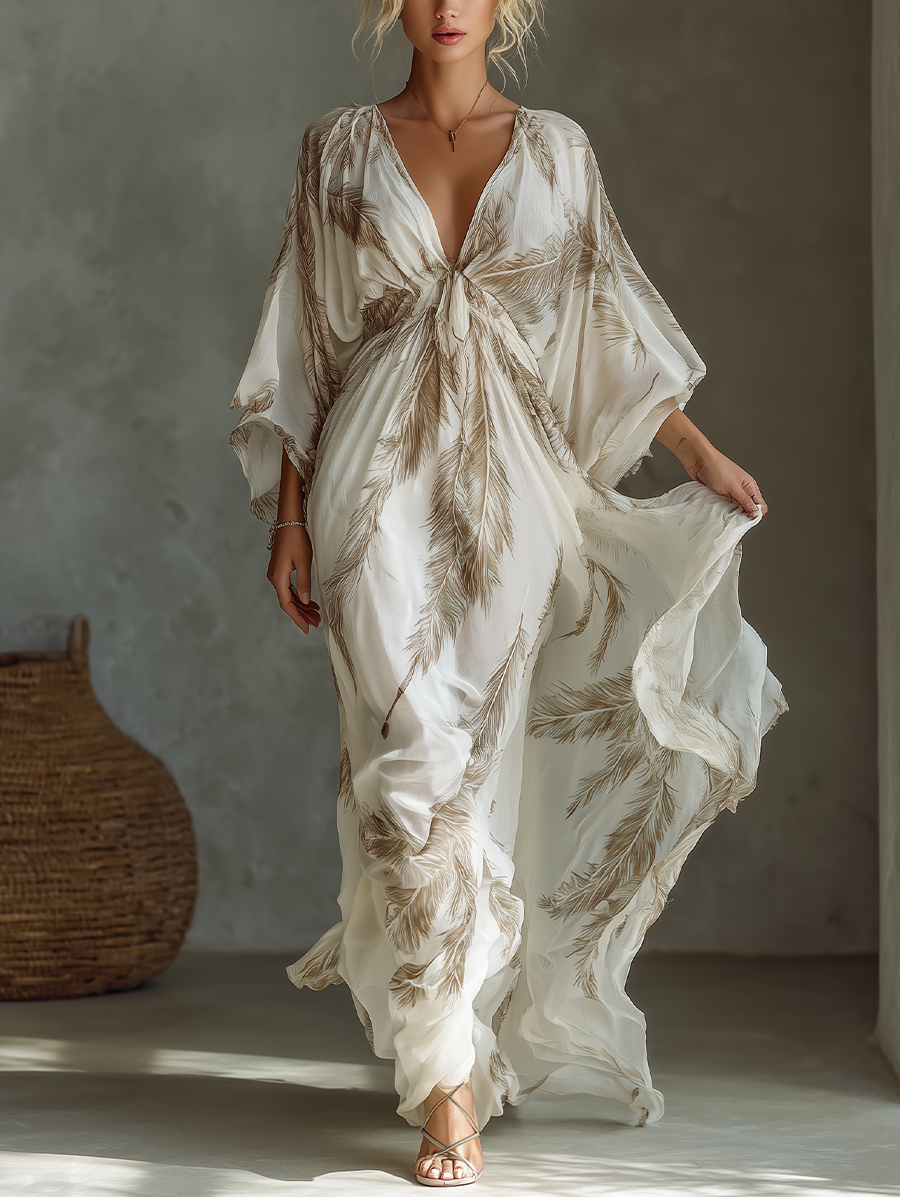 Women’s Palm Leaf Print Chiffon Twist Front Maxi Dress – Elegant Resort Vacation Summer Evening Dress