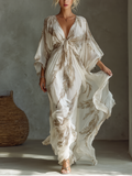 Women’s Palm Leaf Print Chiffon Twist Front Maxi Dress – Elegant Resort Vacation Summer Evening Dress