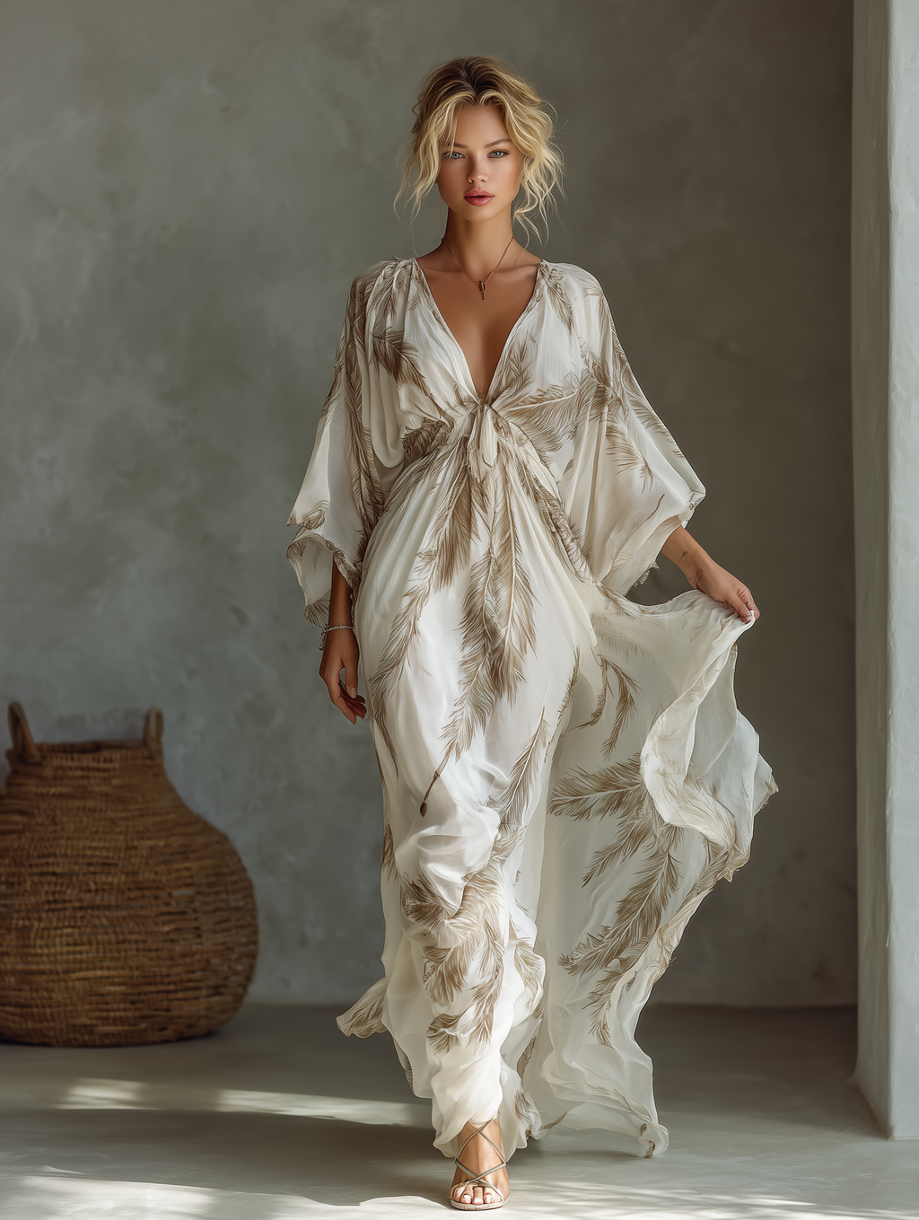 Women’s Palm Leaf Print Chiffon Twist Front Maxi Dress – Elegant Resort Vacation Summer Evening Dress