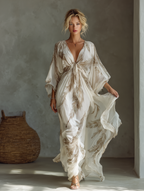 Women’s Palm Leaf Print Chiffon Twist Front Maxi Dress – Elegant Resort Vacation Summer Evening Dress