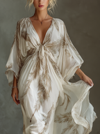 Women’s Palm Leaf Print Chiffon Twist Front Maxi Dress – Elegant Resort Vacation Summer Evening Dress