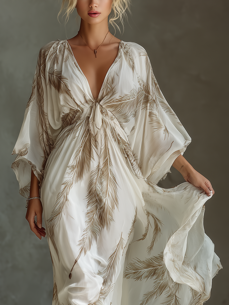 Women’s Palm Leaf Print Chiffon Twist Front Maxi Dress – Elegant Resort Vacation Summer Evening Dress