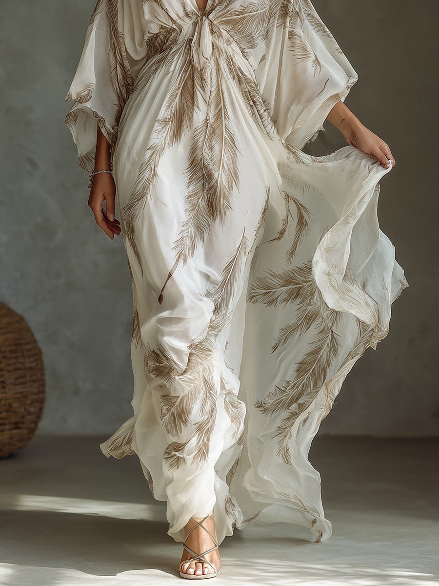 Women’s Palm Leaf Print Chiffon Twist Front Maxi Dress – Elegant Resort Vacation Summer Evening Dress