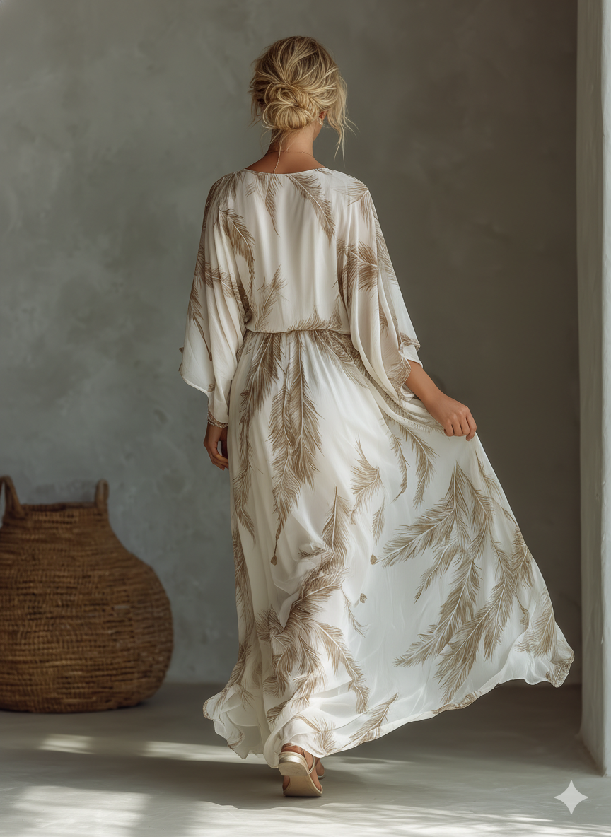 Women’s Palm Leaf Print Chiffon Twist Front Maxi Dress – Elegant Resort Vacation Summer Evening Dress