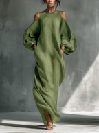 Women’s Light Green Cold-Shoulder Maxi Dress – Oversized Puff Sleeve Elegant Flowing Summer Dress with Pockets
