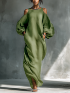 Women’s Light Green Cold-Shoulder Maxi Dress – Oversized Puff Sleeve Elegant Flowing Summer Dress with Pockets