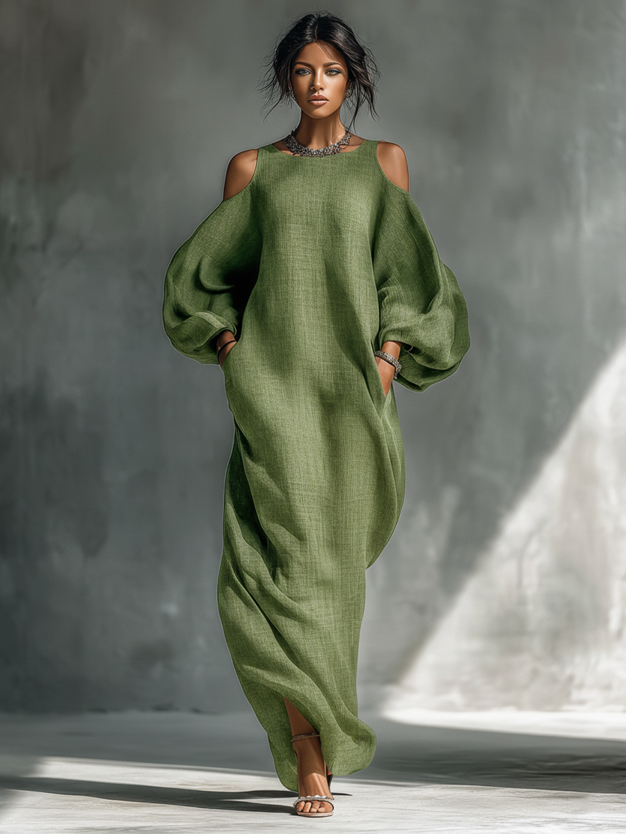 Women’s Light Green Cold-Shoulder Maxi Dress – Oversized Puff Sleeve Elegant Flowing Summer Dress with Pockets