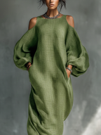 Women’s Light Green Cold-Shoulder Maxi Dress – Oversized Puff Sleeve Elegant Flowing Summer Dress with Pockets