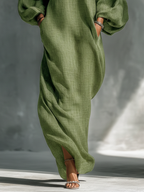 Women’s Light Green Cold-Shoulder Maxi Dress – Oversized Puff Sleeve Elegant Flowing Summer Dress with Pockets