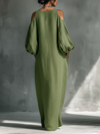 Women’s Light Green Cold-Shoulder Maxi Dress – Oversized Puff Sleeve Elegant Flowing Summer Dress with Pockets