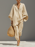 Linen Cotton Two Piece Set, Asymmetric Hem Top