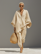 Linen Cotton Two Piece Set, Asymmetric Hem Top