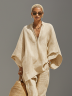 Linen Cotton Two Piece Set, Asymmetric Hem Top