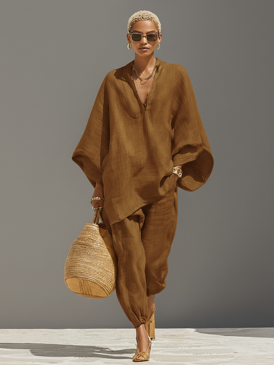 Linen Cotton Two Piece Set, Asymmetric Hem Top