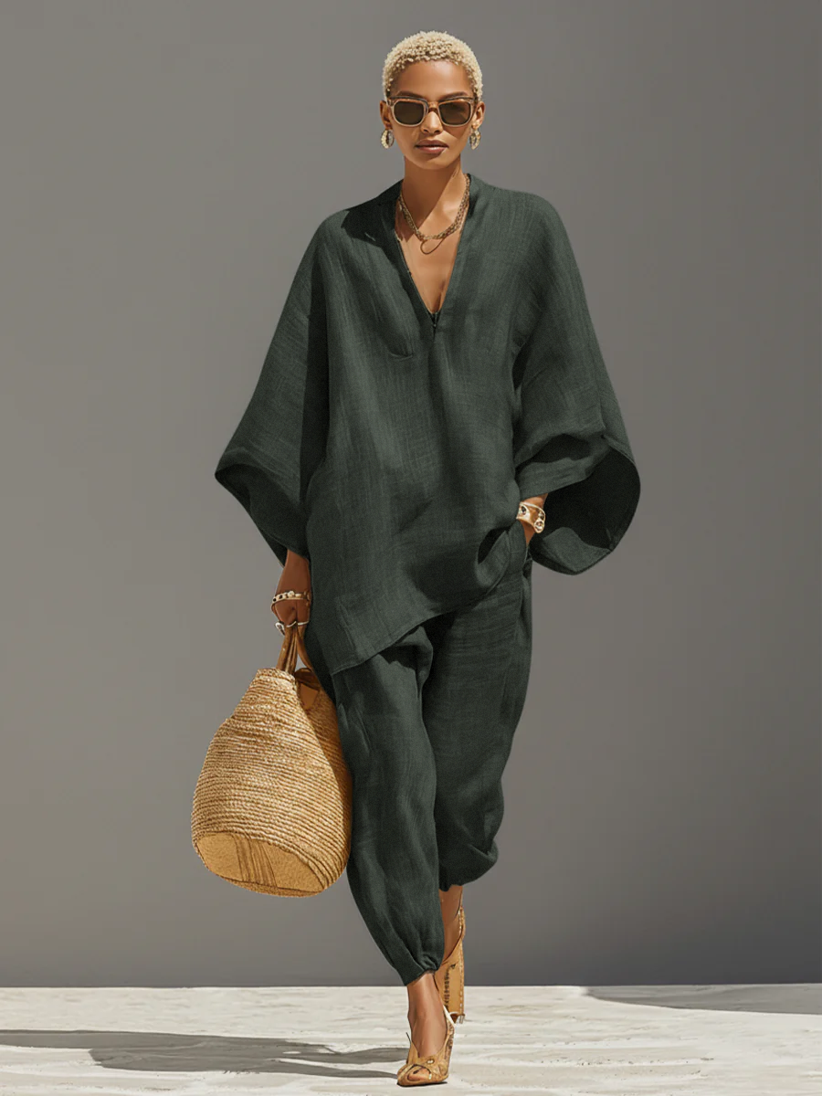 Linen Cotton Two Piece Set, Asymmetric Hem Top